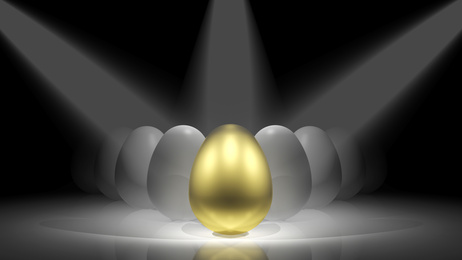 Gold egg in front of white eggs on the stage